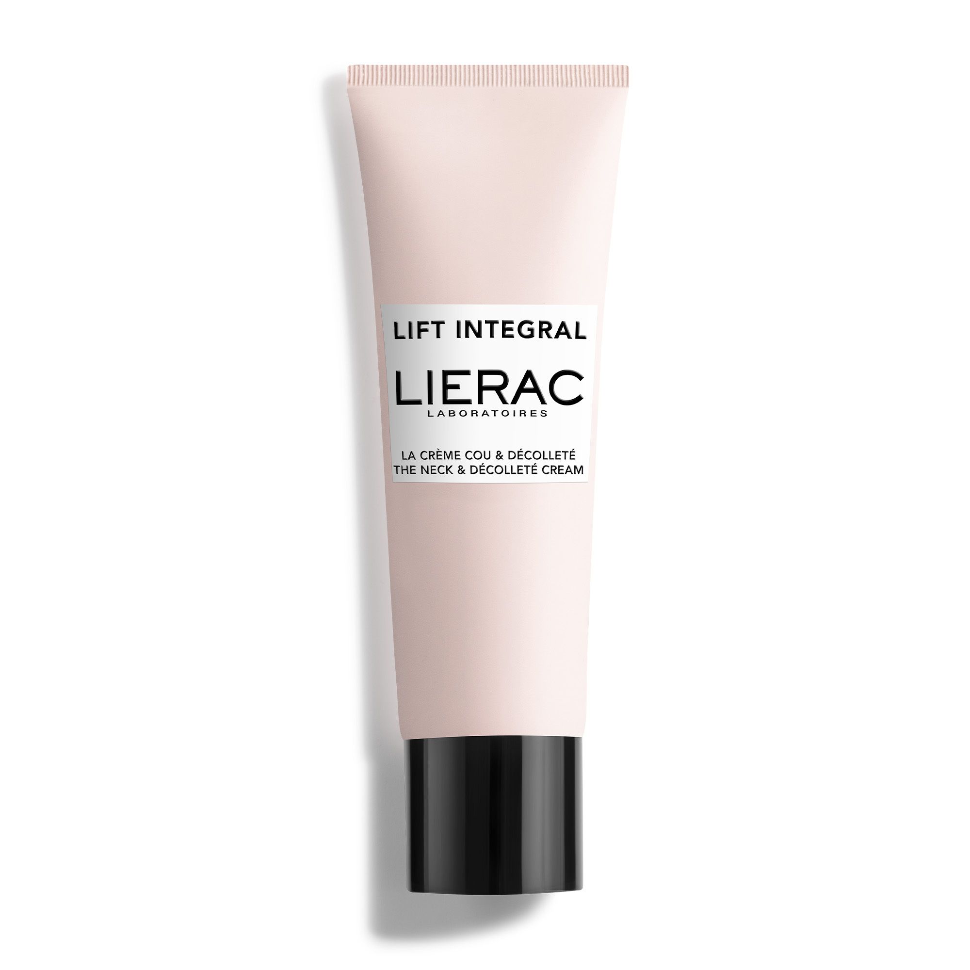 Tube rose avec bouchon noir. Inscription: Lift Integral, Lierac, La Crème Cou & Décolleté.