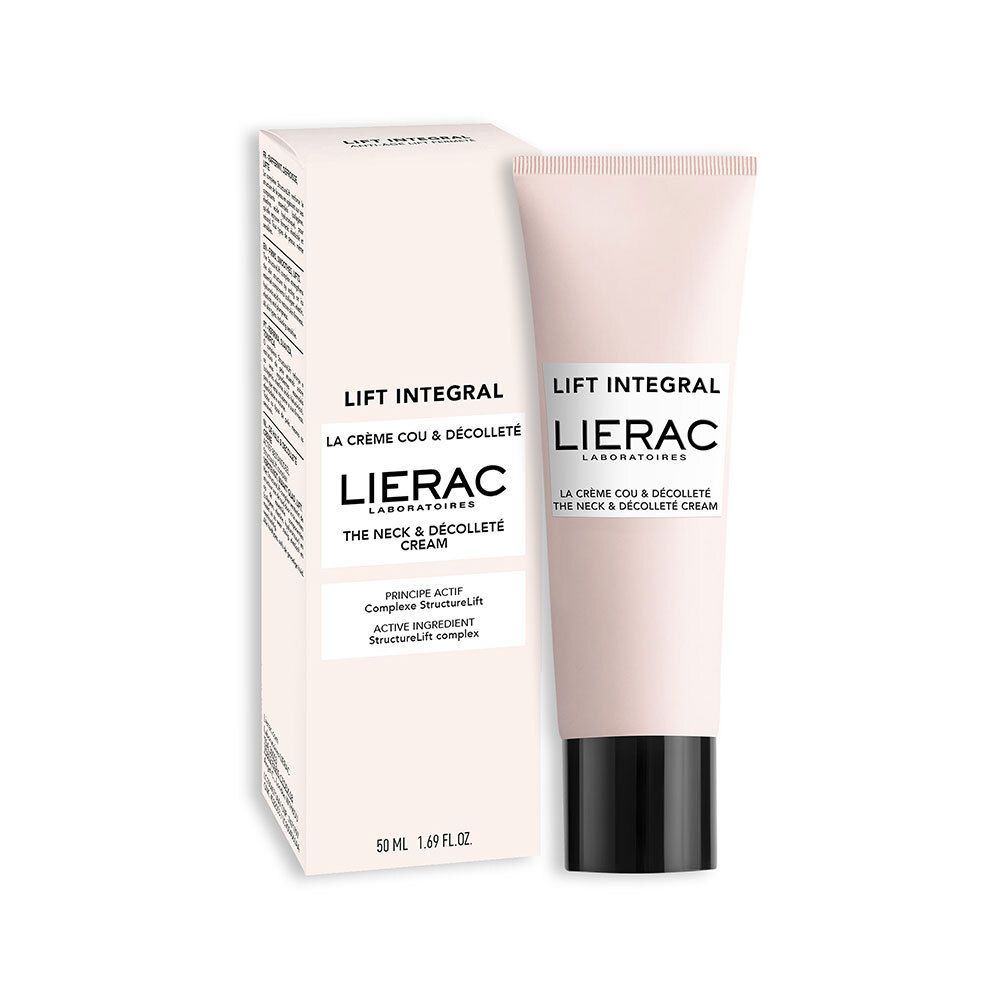 Roze tube en verpakking. Opschrift: Lift Integral, Lierac Laboratoires, La Crème Cou & Décolleté.