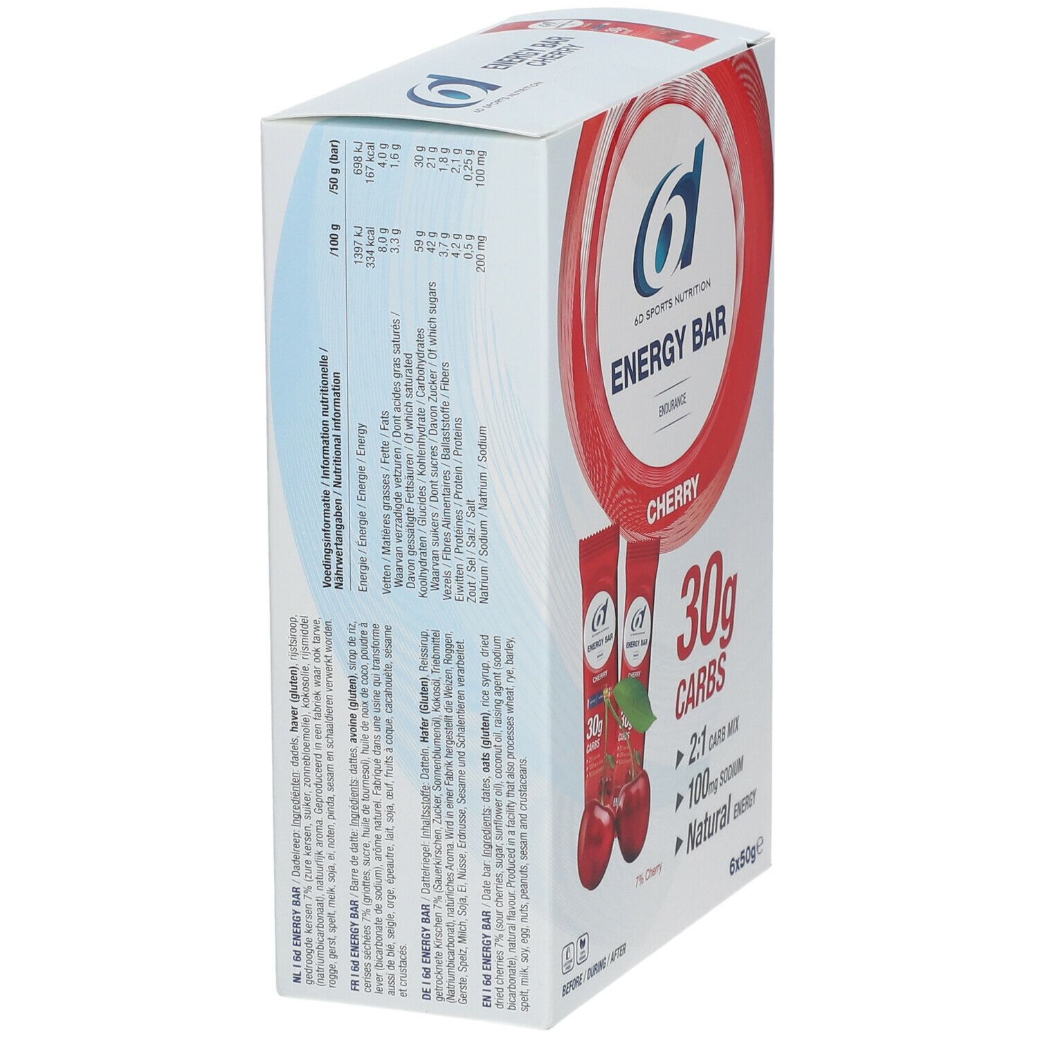 Zijkant van de verpakking 6D Sports Nutrition Energy Bar Cherry. Voedingswaarde. Repen en kersen. 30g koolhydraten, 100mg natrium.