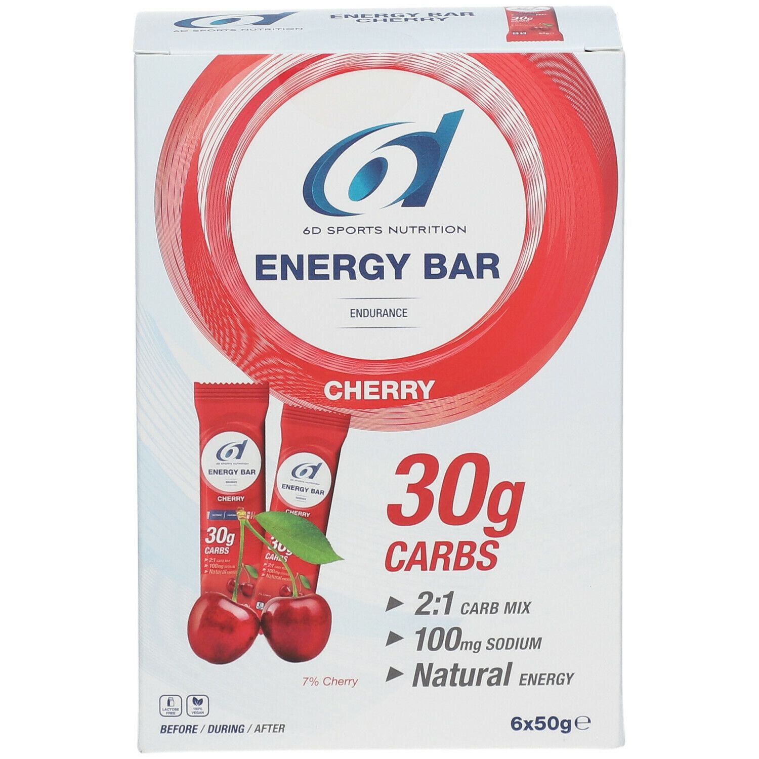 Verpakking 6D Sports Nutrition Energy Bar Cherry. Repen en kersen. 30g koolhydraten, 2:1 mix, 100mg natrium, natuurlijke energie.