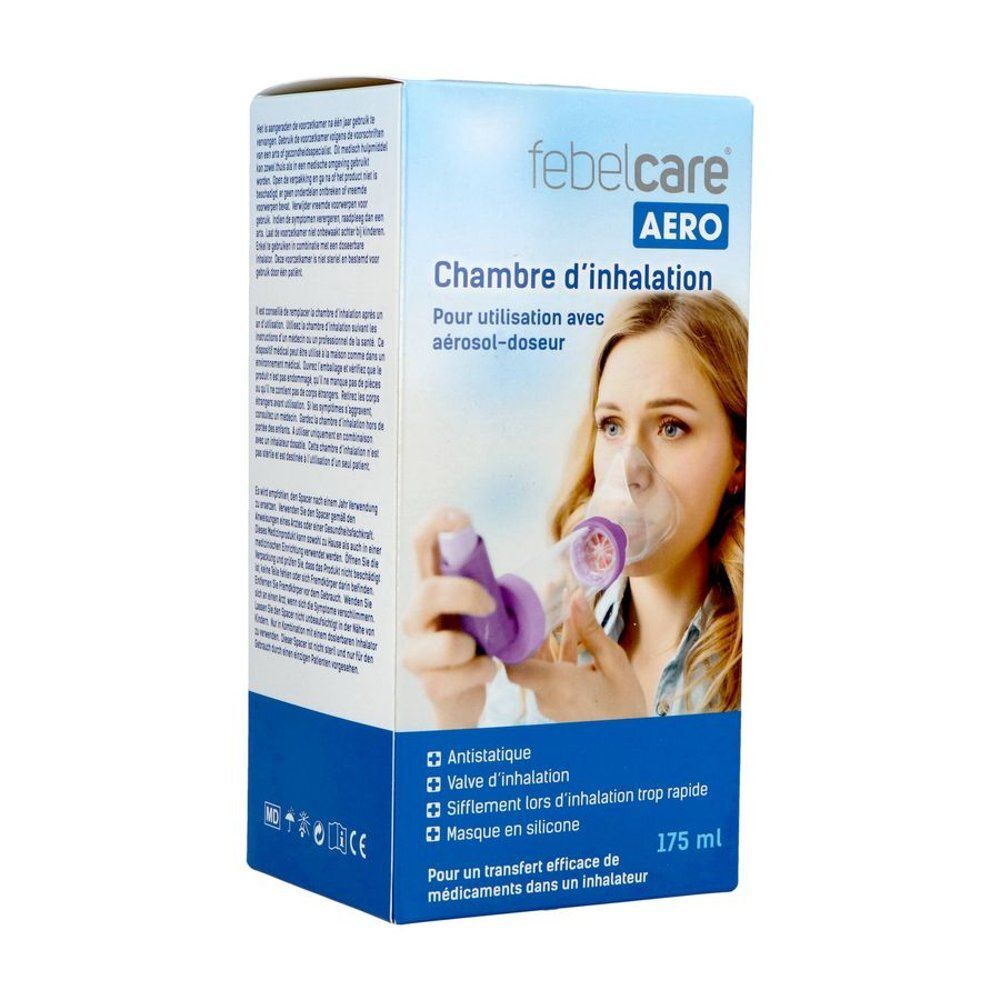 Verpakking Febelcare Aéro. Opschrift: Chambre d'inhalation, voor gebruik met aerosol-doseerder. Vrouw met masker. 175 ml.
