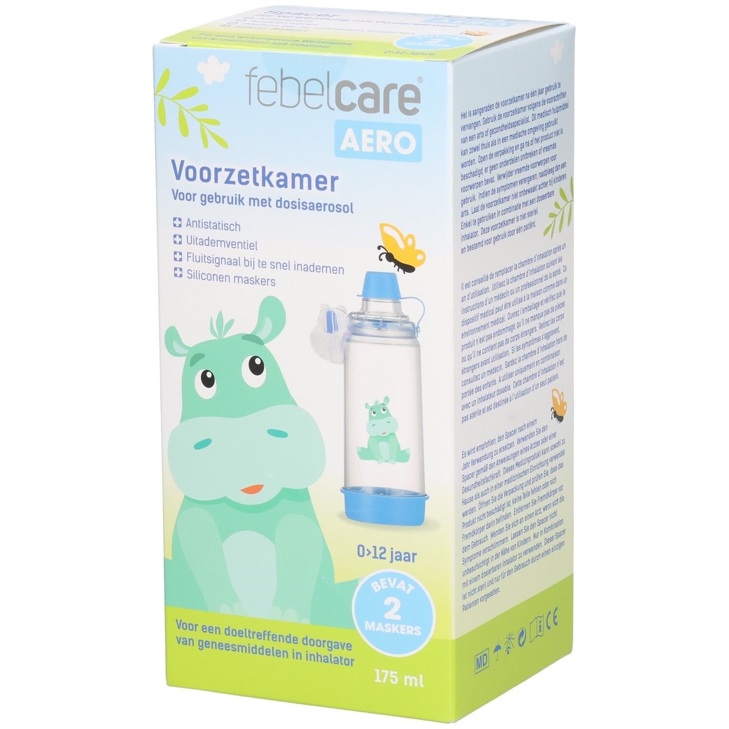 Febelcare Aero inhalatiekamer met hippo-afbeelding, 0-12 jaar, 2 maskers, 175 ml.