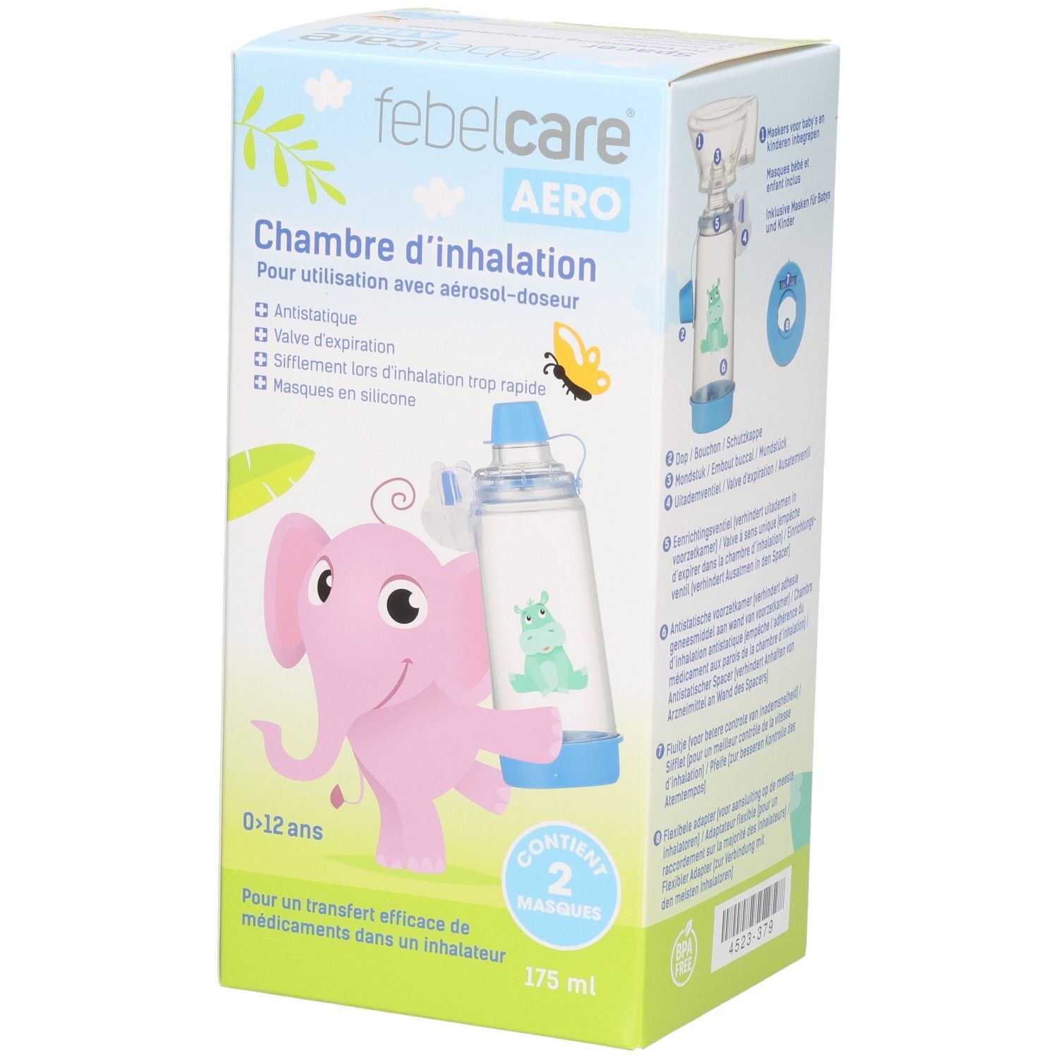 Febelcare Aero inhalatiekamer met olifant-afbeelding, 0-12 jaar, 2 maskers, 175 ml.