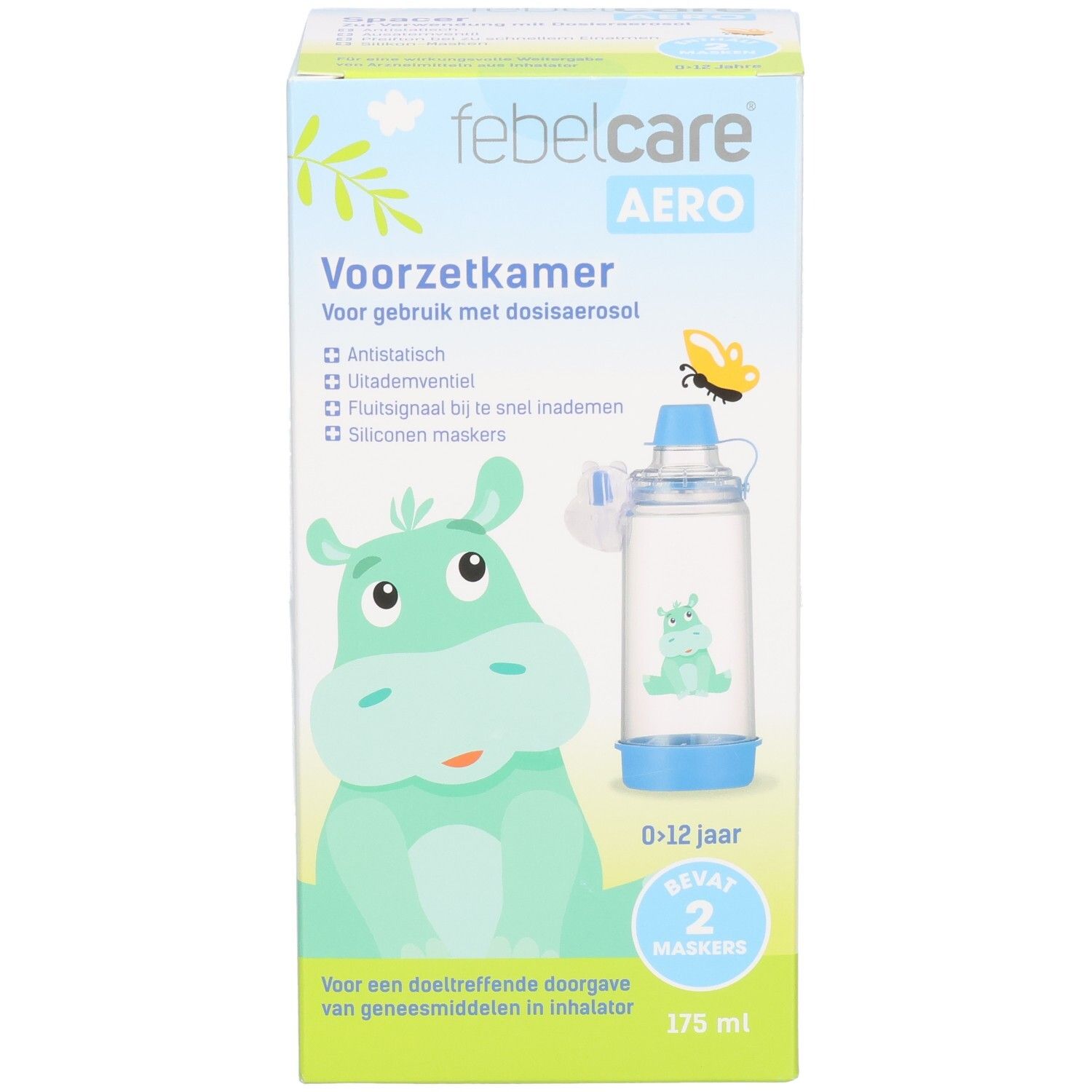 Febelcare Aero inhalatiekamer met hippo-afbeelding, 0-12 jaar, 2 maskers, 175 ml.