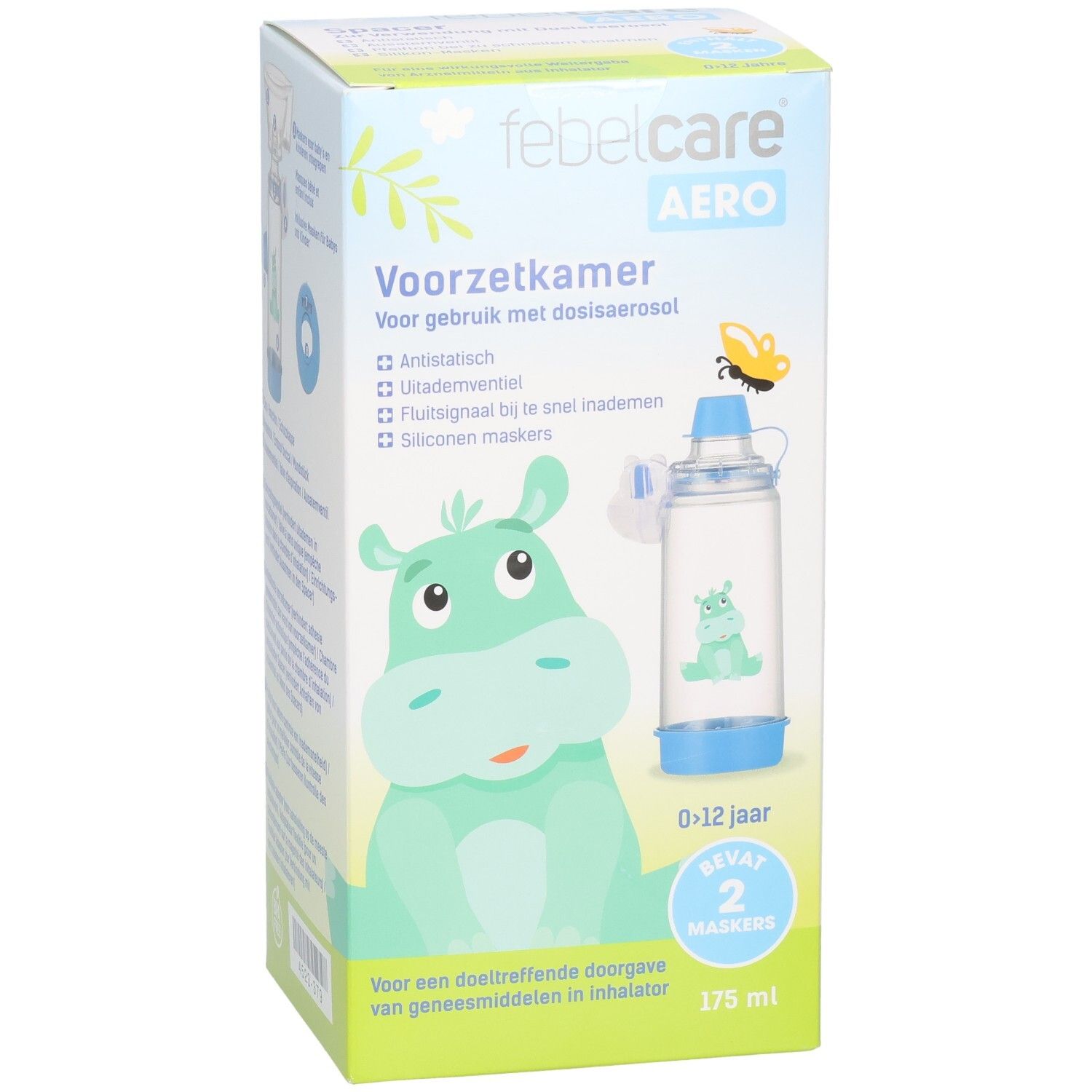 Febelcare Aero inhalatiekamer met hippo-afbeelding, 0-12 jaar, 2 maskers, 175 ml.