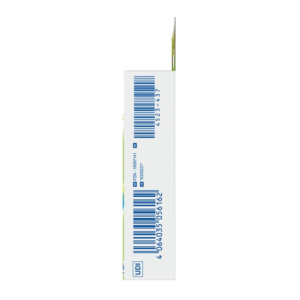 Zijaanzicht van de Nexcare pleisterverpakking. Tekst en barcode. Informatie over de fabrikant.