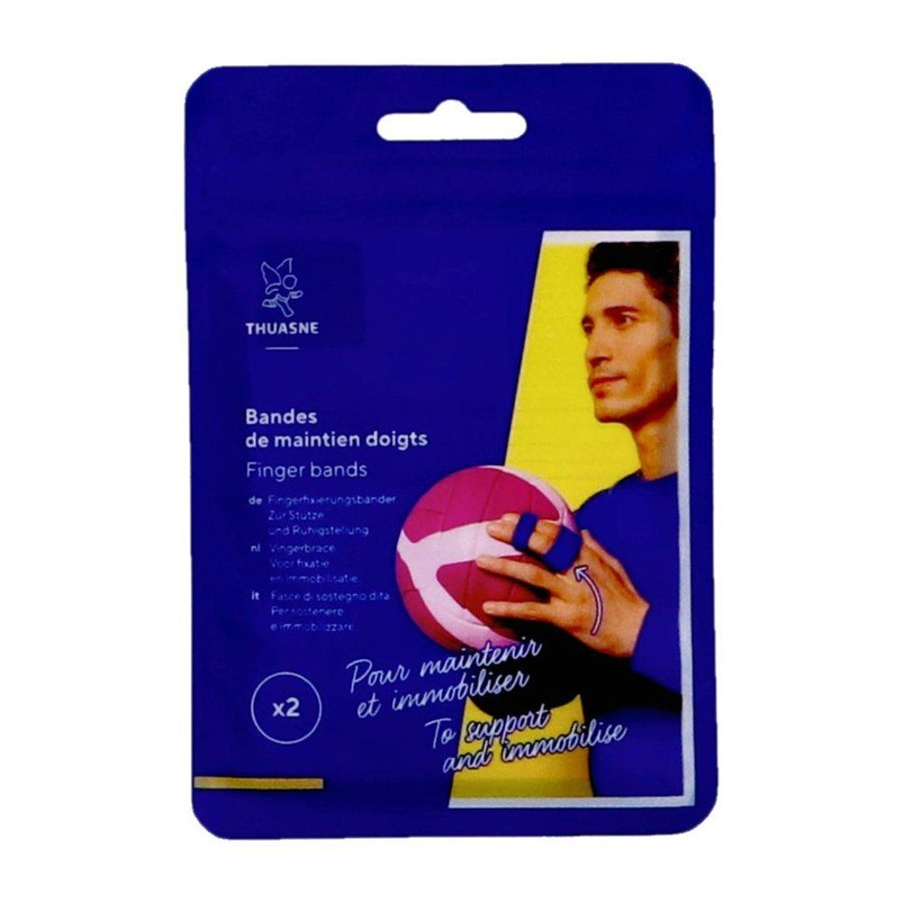 Emballage de bandes de maintien pour doigts. Emballage bleu avec image et texte. Marque : THUASNE. Contient deux bandes.