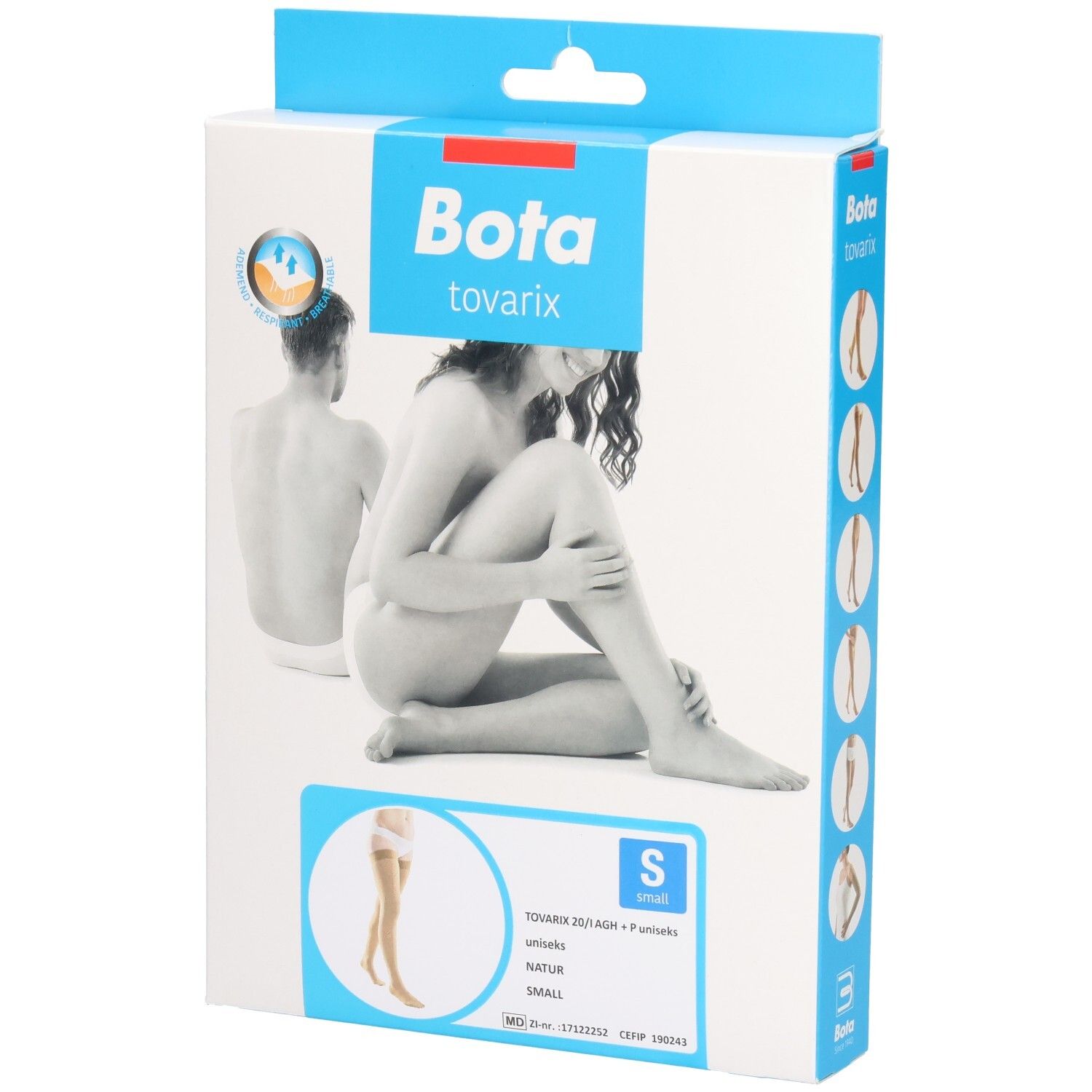 Verpakking Bota tovarix Steunkous 20/i AGH+P Natuur Small. Afbeelding van vrouw en man. Maat S.