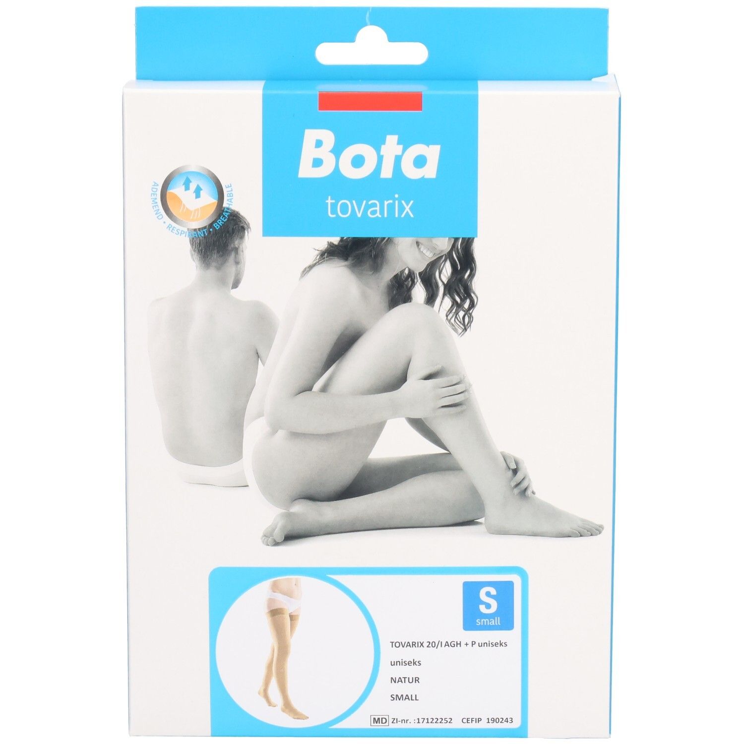 Verpakking Bota tovarix Steunkous 20/i AGH+P Natuur Small. Afbeelding van vrouw en man. Maat S.