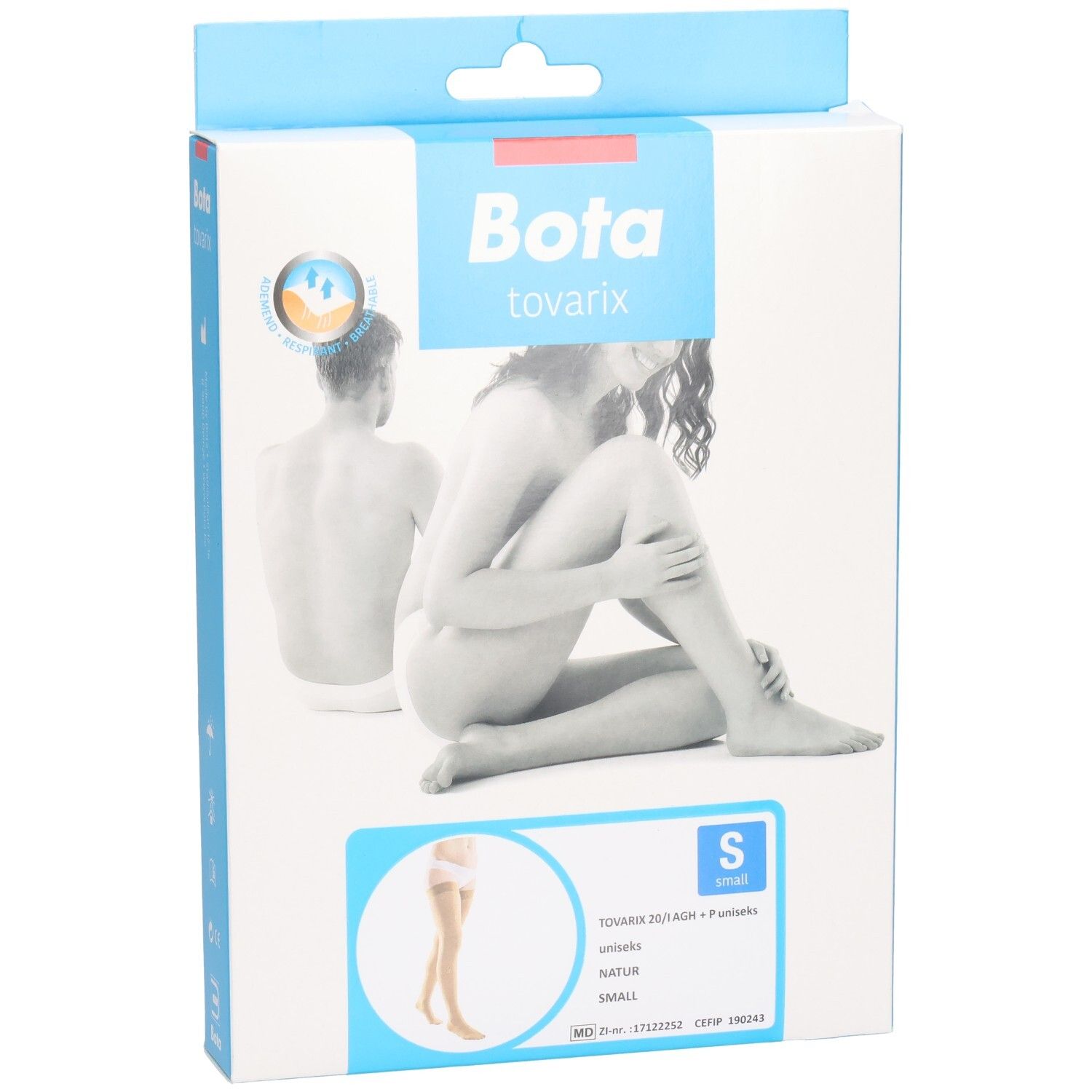 Verpakking Bota tovarix Steunkous 20/i AGH+P Natuur Small. Afbeelding van vrouw en man. Maat S.