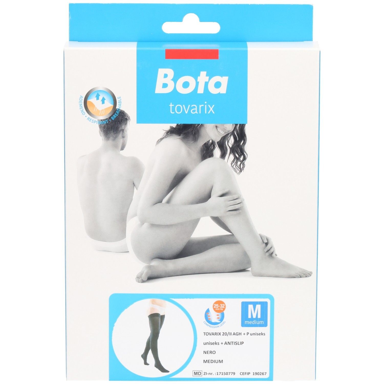 Voorkant van de Bota tovarix verpakking. Afbeelding van vrouw en man. Info: Medium, zwart, Antislip.