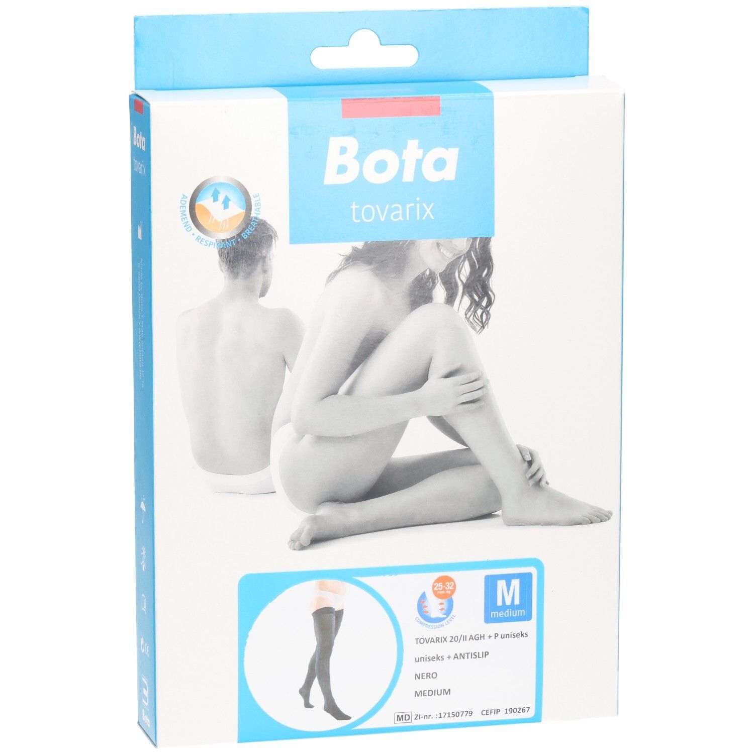 Voorkant van de Bota tovarix verpakking. Afbeelding van vrouw en man. Info: Medium, zwart, Antislip.