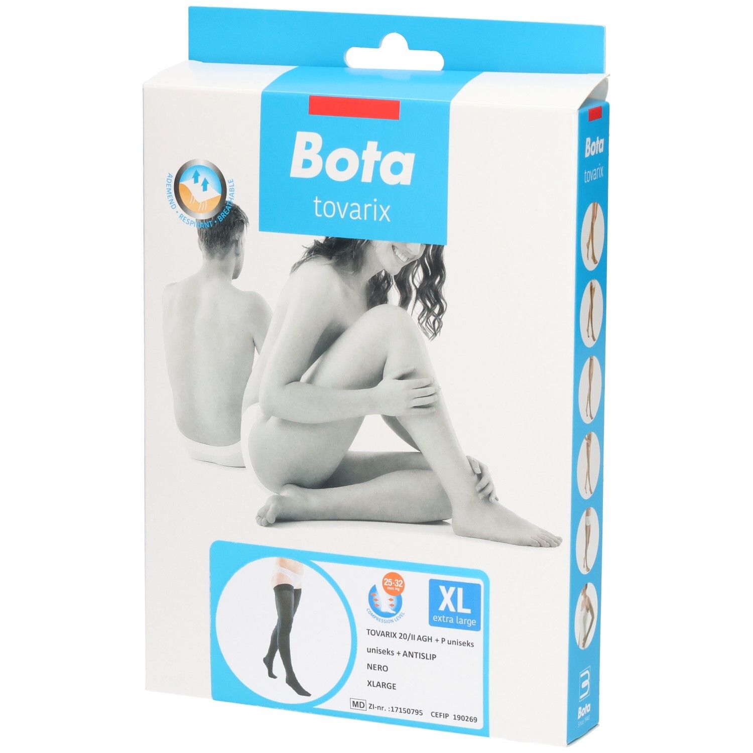 Bas de compression Bota Tovarix, noir, extra large. L'emballage montre un modèle et un guide des tailles.