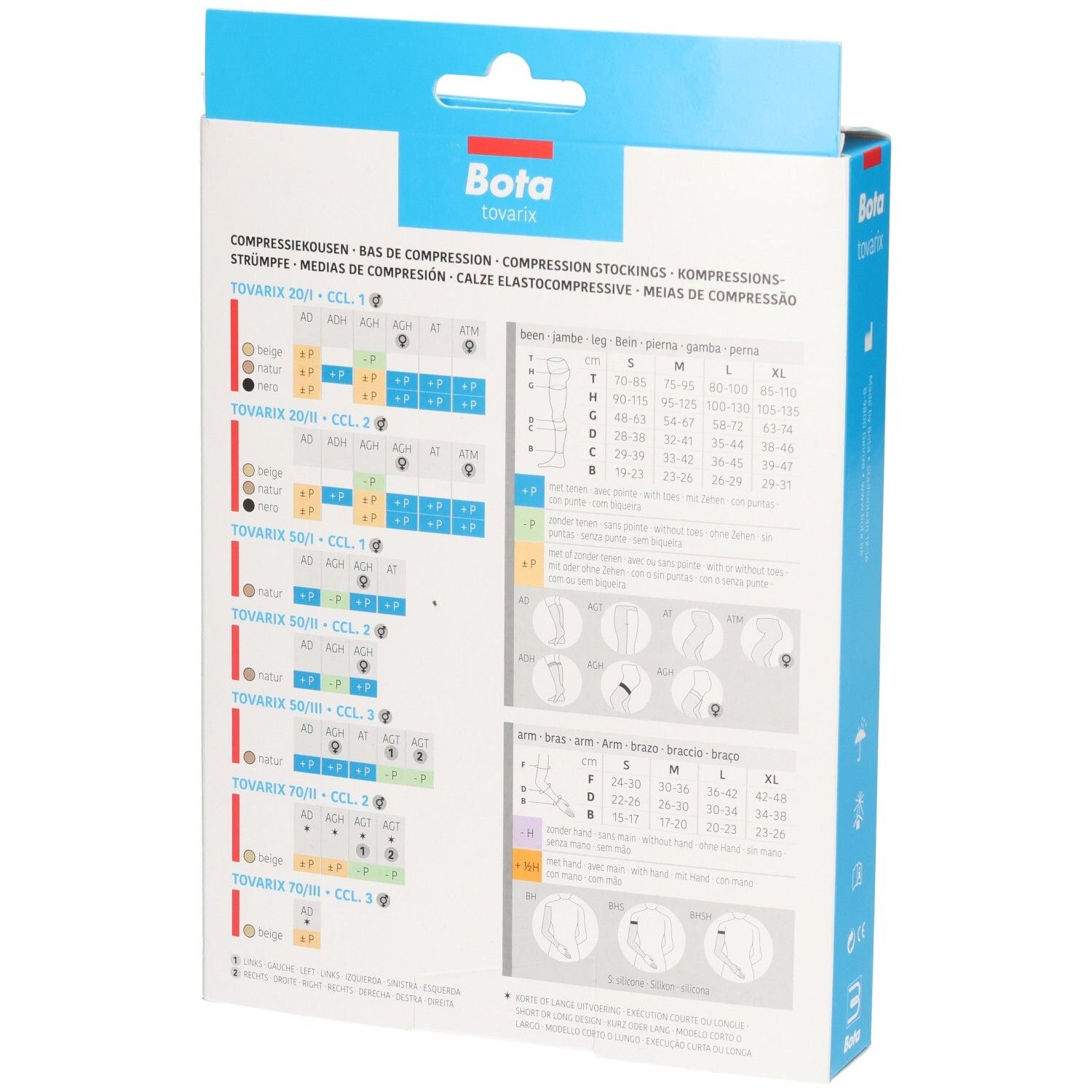 Dos de l'emballage des bas de compression Bota Tovarix avec tableaux des tailles et informations produit.