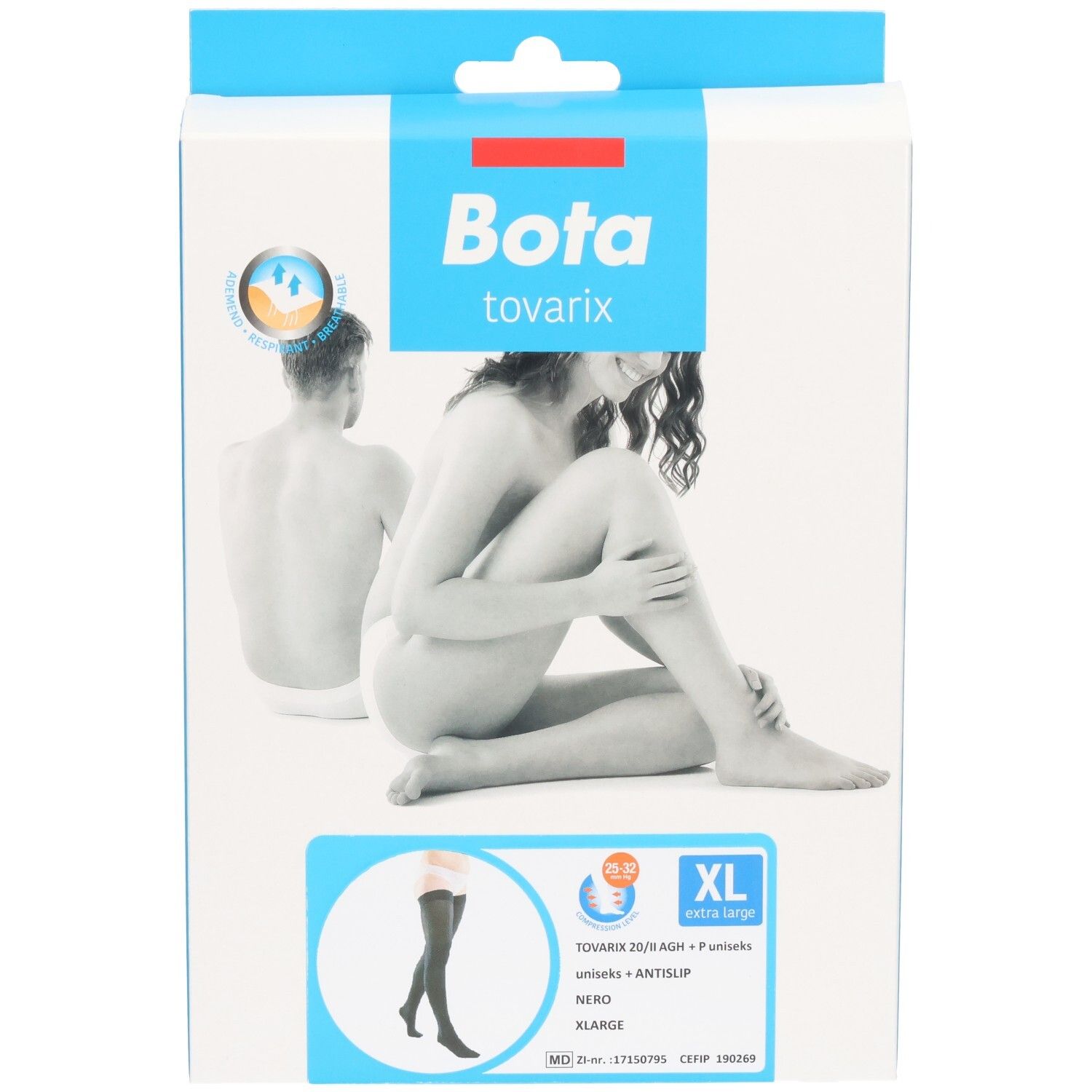 Bas de compression Bota Tovarix, noir, extra large. L'emballage montre un modèle et un guide des tailles.