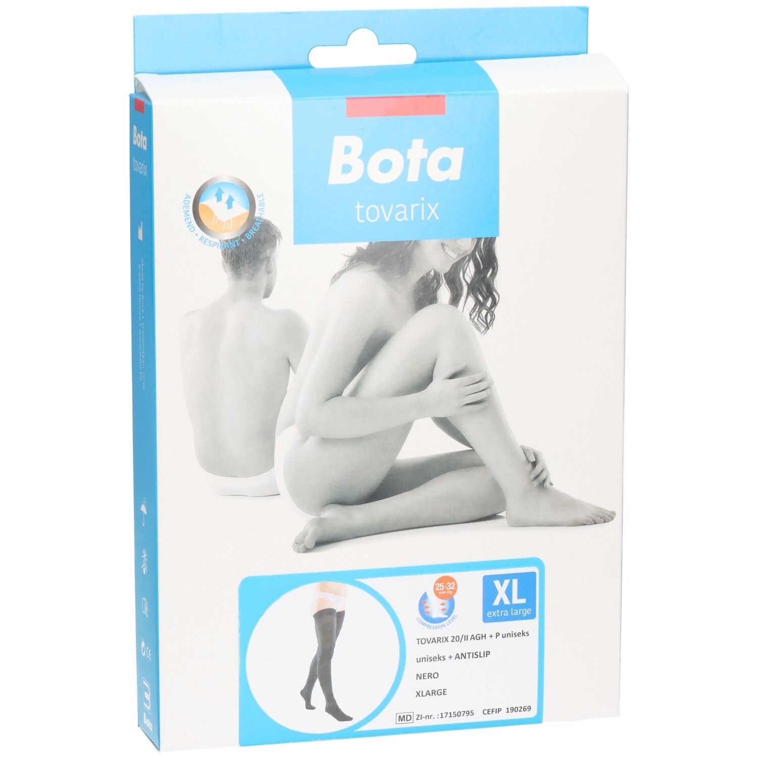 Bas de compression Bota Tovarix, noir, extra large. L'emballage montre un modèle et un guide des tailles.