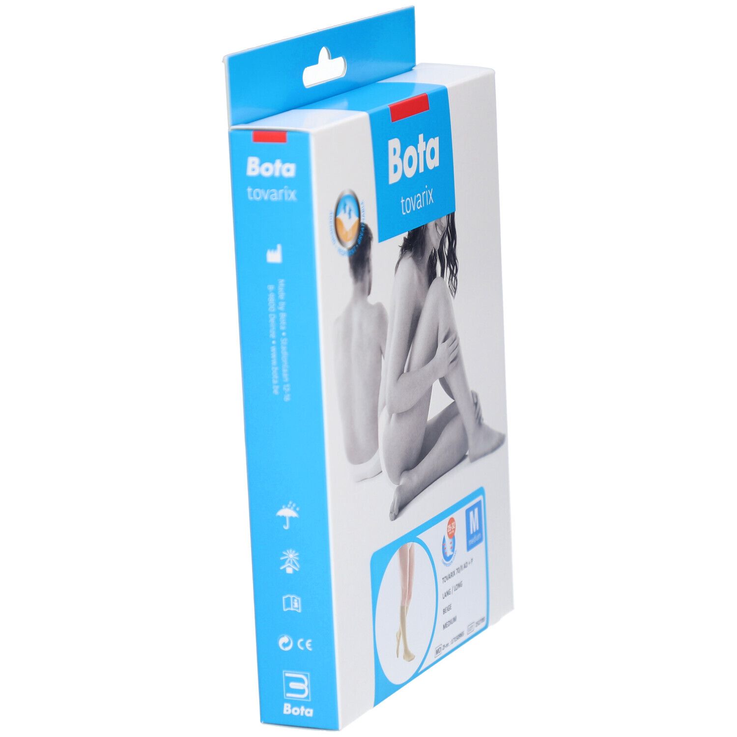 Zijaanzicht van de Bota tovarix verpakking. Productinformatie en illustraties. Beige, lang, Medium.