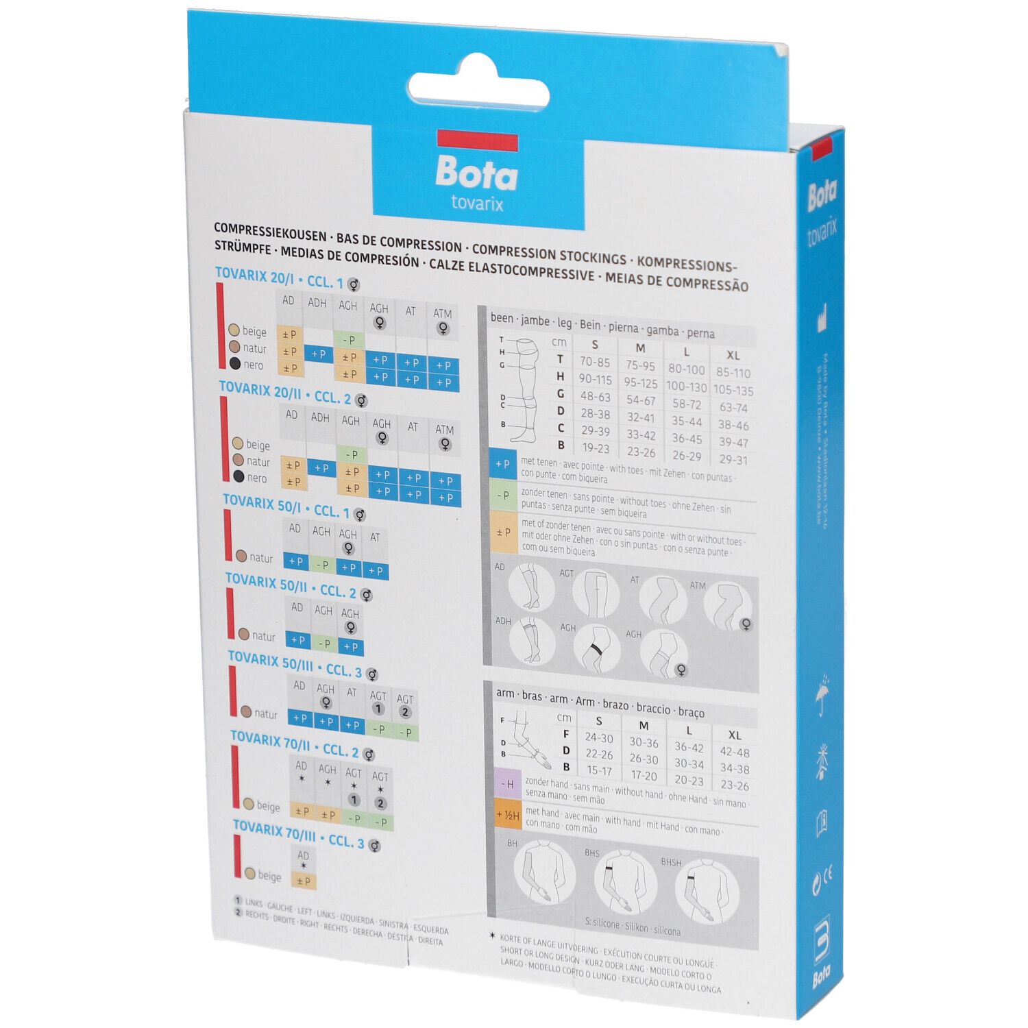 Achterkant van de Bota tovarix verpakking. Maattabellen en productinformatie. Beige, lang, Medium.