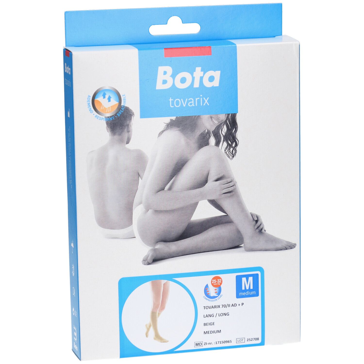 Bota tovarix verpakking. Beige, lang, Medium. Afbeelding van een vrouw. Productinformatie.