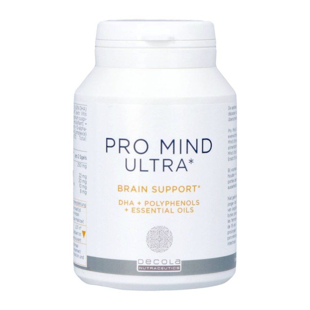 Witte fles met 'Pro Mind Ultra'. Bevat softgels. 'Brain Support' en ingrediënten zijn ook aangegeven.