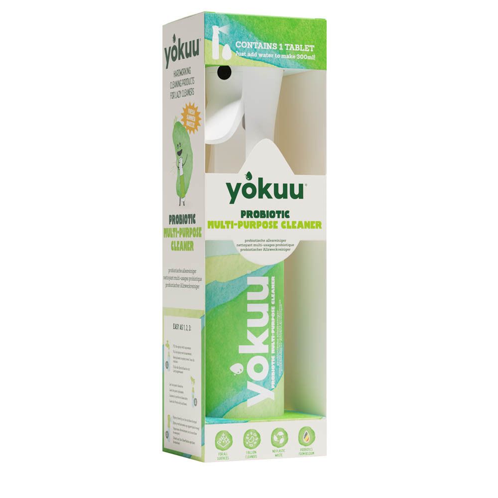 Yokuu Starter Kit. Multi-purpose reiniger in verpakking. Bevat een sprayfles en doek. Groene en witte verpakking.