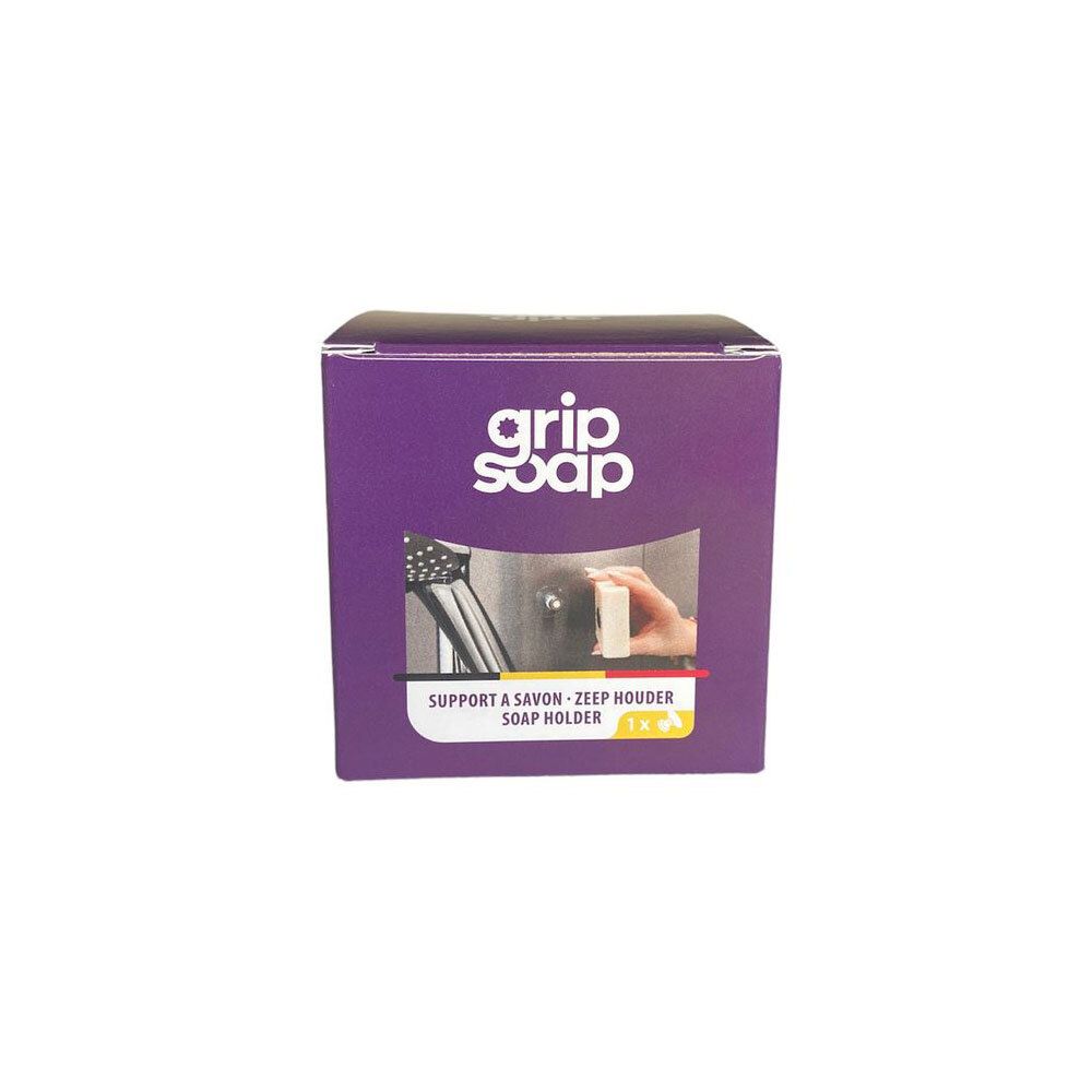 Boîte avec image du produit. Inscription: grip soap, Support à savon, Soap holder.