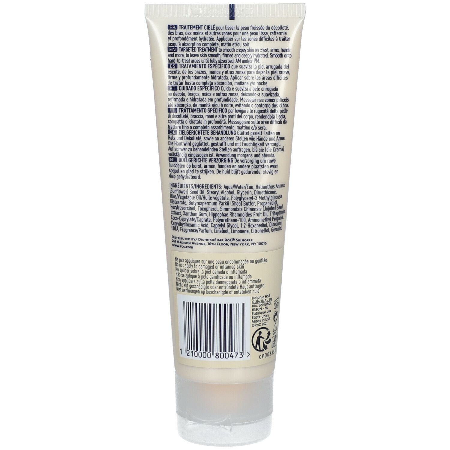 Beige crème tube. Achterkant met tekst in meerdere talen. Streepjescode en fabrikantinfo.