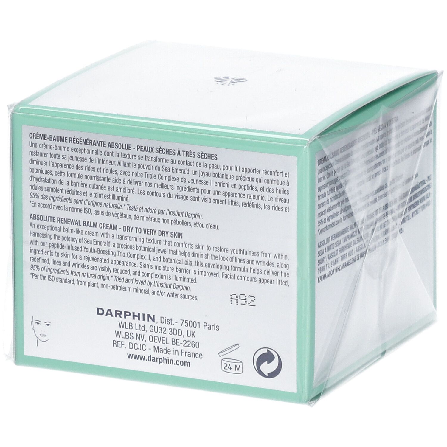 Verpakking van DARPHIN Stimulskin Plus. Engelse en Franse tekst. Witte doos met groene details.