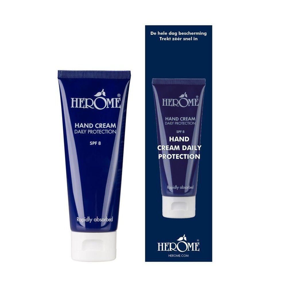 Blauwe handcrèmetube met witte dop. Opschrift: Herome, Hand Cream Daily Protection SPF 8. Daarnaast de verpakking.