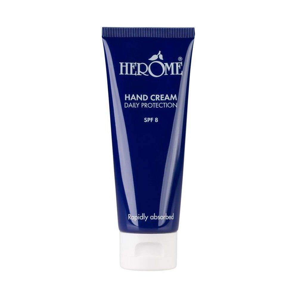Blauwe handcrèmetube met witte dop. Opschrift: Herome, Hand Cream Daily Protection SPF 8.