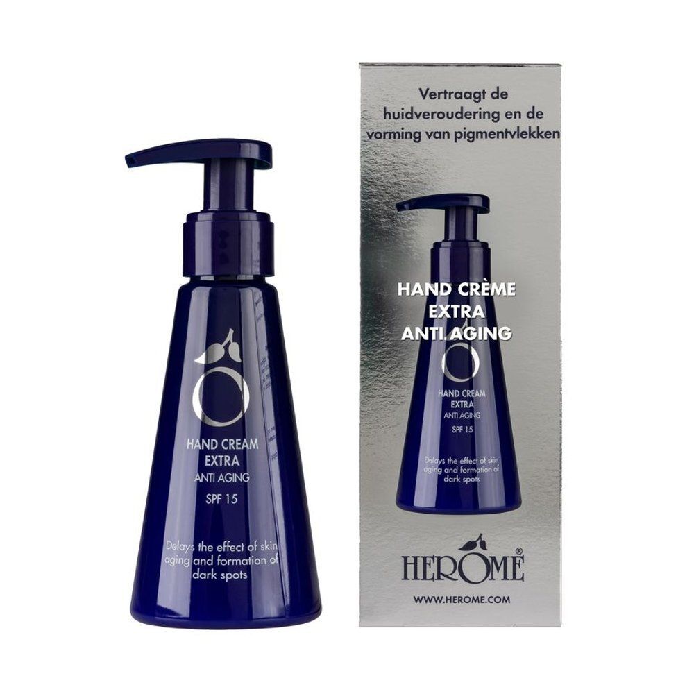 Donkerblauwe handcrèmefles met pomp en doos. Opschrift: Hand Crème Extra Anti Aging, SPF 15. Merk: Herome.