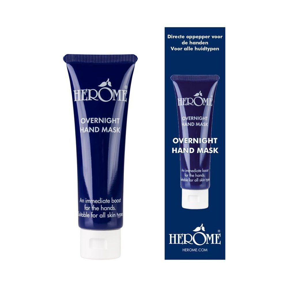 Tube bleu foncé avec bouchon blanc. Texte : Herome Overnight Hand Mask. Emballage vertical.