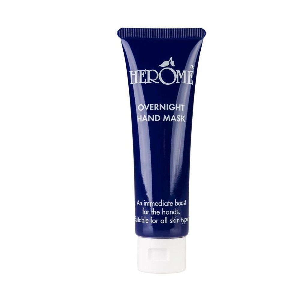 Donkerblauwe tube met witte dop. Tekst: Herome Overnight Hand Mask.