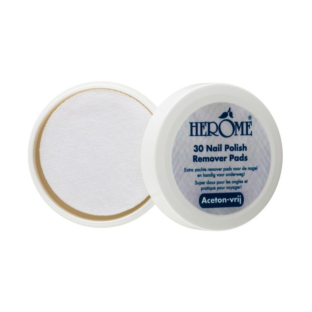 Witte pot met deksel en pads. Tekst: "Herome 30 Nail Polish Remover Pads". Acetone-vrij.