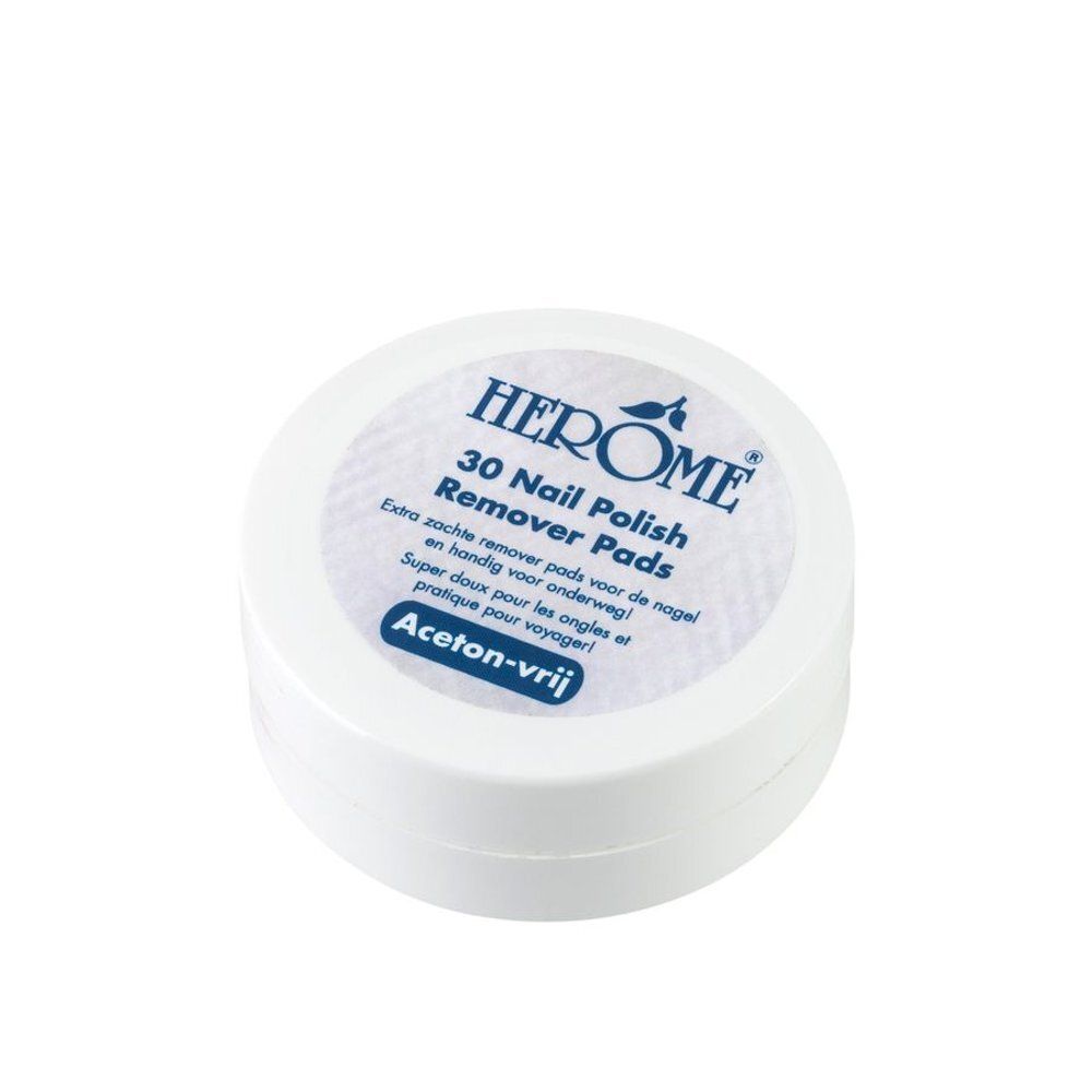 Witte pot met deksel. Tekst: "Herome 30 Nail Polish Remover Pads". Acetone-vrij.