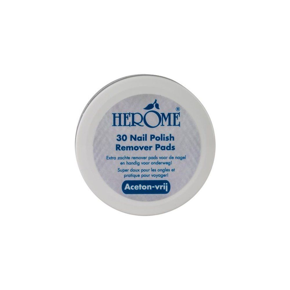 Bovenaanzicht van een witte pot met deksel. Tekst: "Herome 30 Nail Polish Remover Pads". Acetone-vrij.