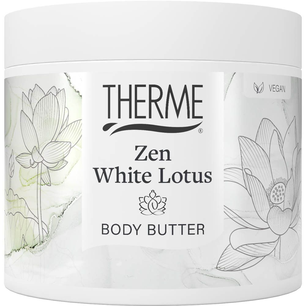 Witte pot THERME Zen White Lotus Body Butter. Opschrift en lotusbloem illustraties.