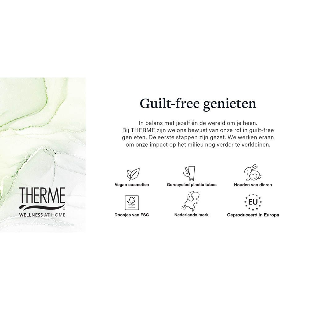 Tekst over duurzame praktijken van THERME. Logo's voor Vegan, gerecyclede tubes, etc.