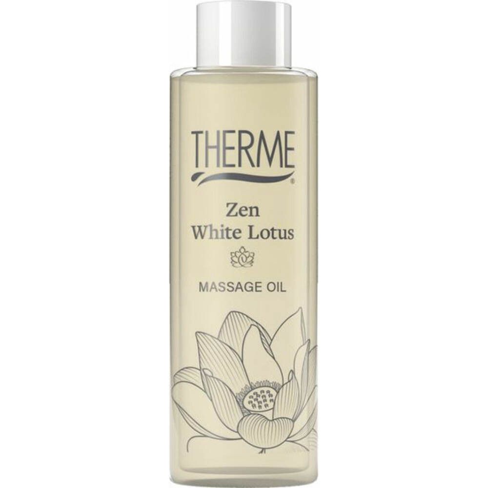 THERME Zen White Lotus Massageöl. Fles met schroefdop. Logo, productnaam en lotusbloem afgebeeld.