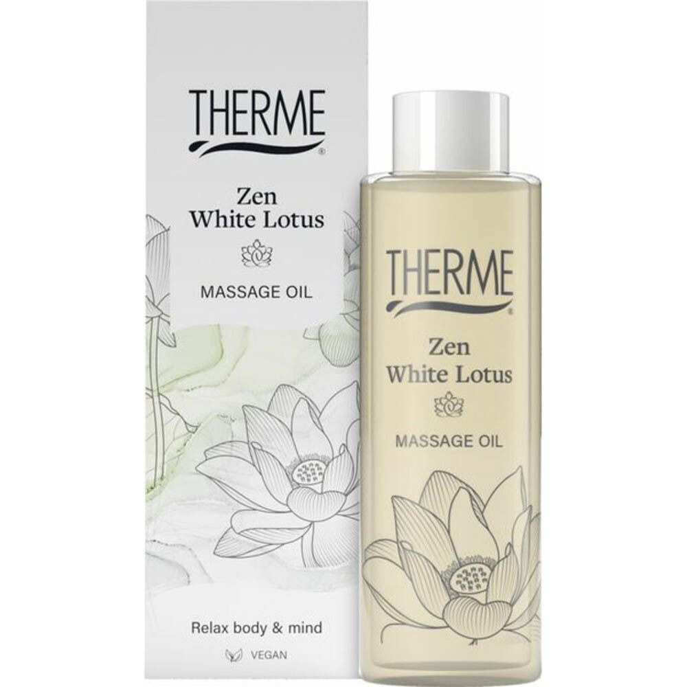 THERME Zen White Lotus Massageöl en verpakking. Fles met schroefdop en doos. Logo, productnaam.