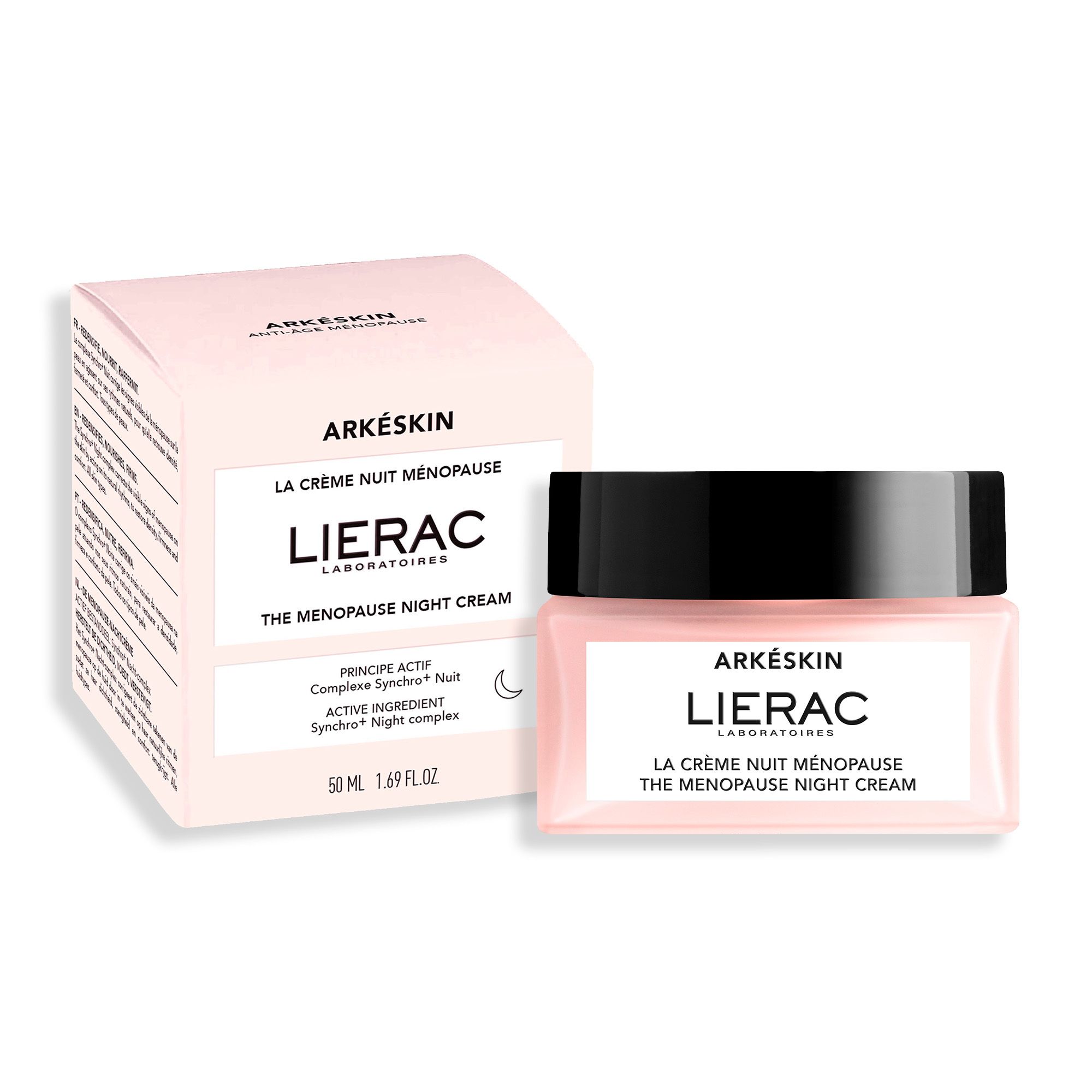 Productverpakking en crèmepot. Op de verpakking staat: Arkéskin, LIERAC, La Crème Nuit Ménopause. 50 ml.