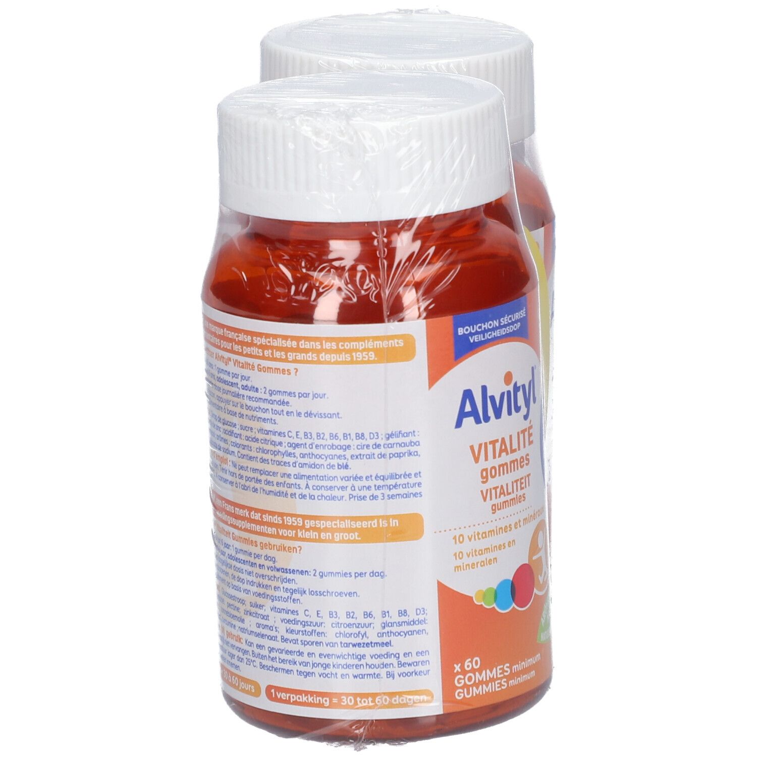 Twee flessen Alvityl Vitalité Gummies, verpakt. Opschriften en informatie.