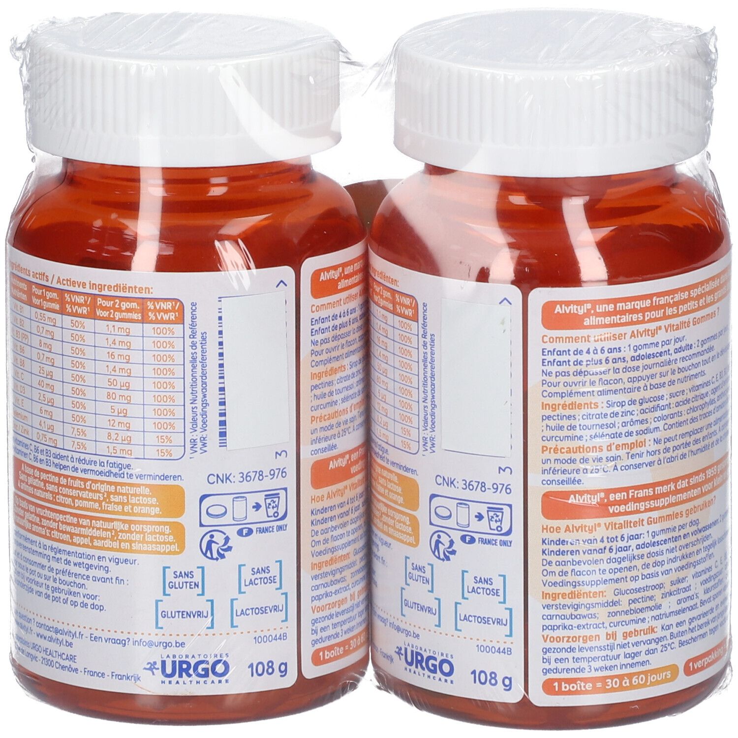 Twee flessen Alvityl Vitalité Gummies, verpakt. Achterkant met informatie.
