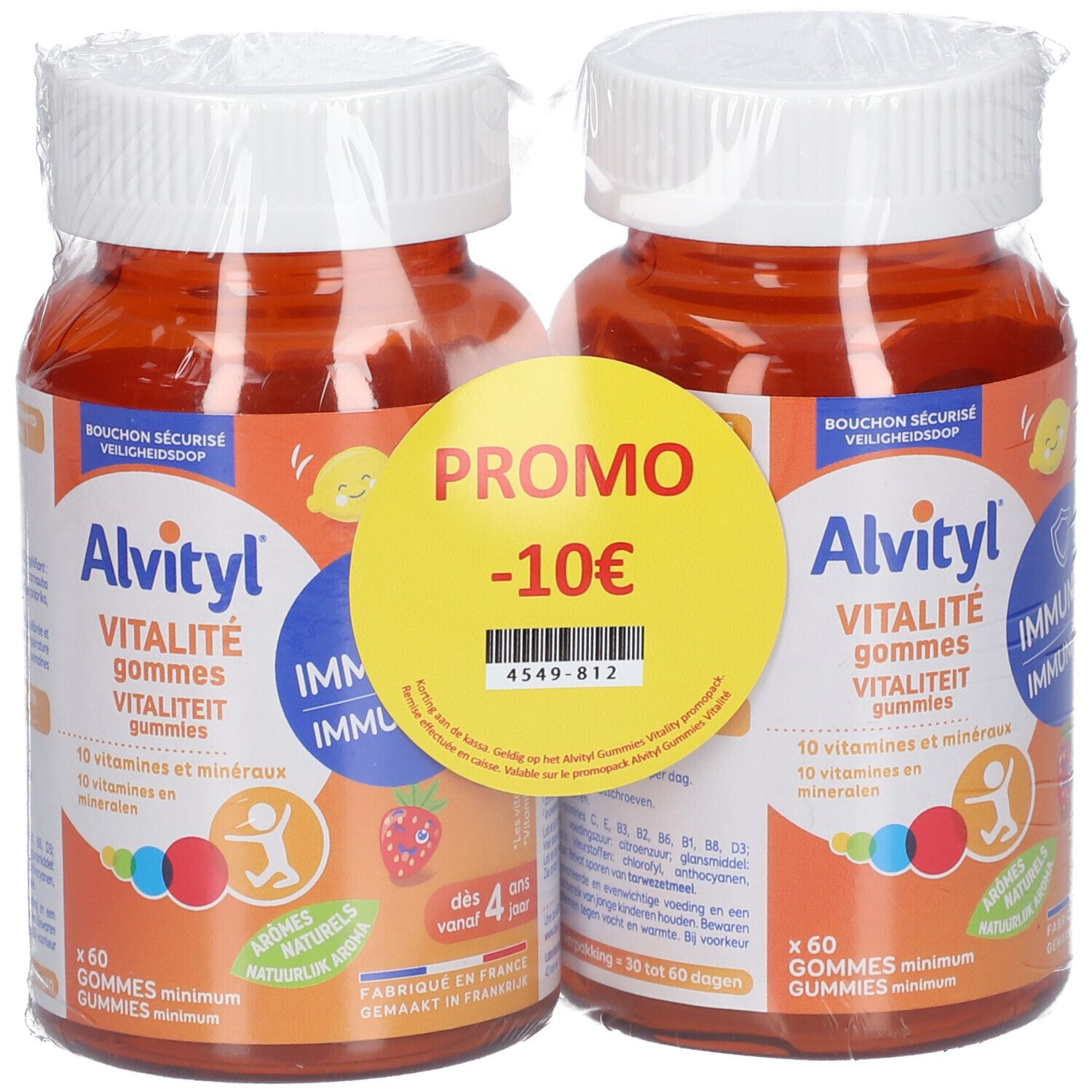 Twee flessen Alvityl Vitalité Gummies, verpakt. Sticker met Promo -10€.