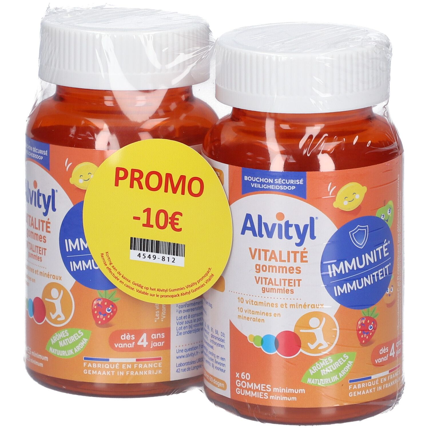 Twee flessen Alvityl Vitalité Gummies, verpakt. Sticker met Promo -10€.