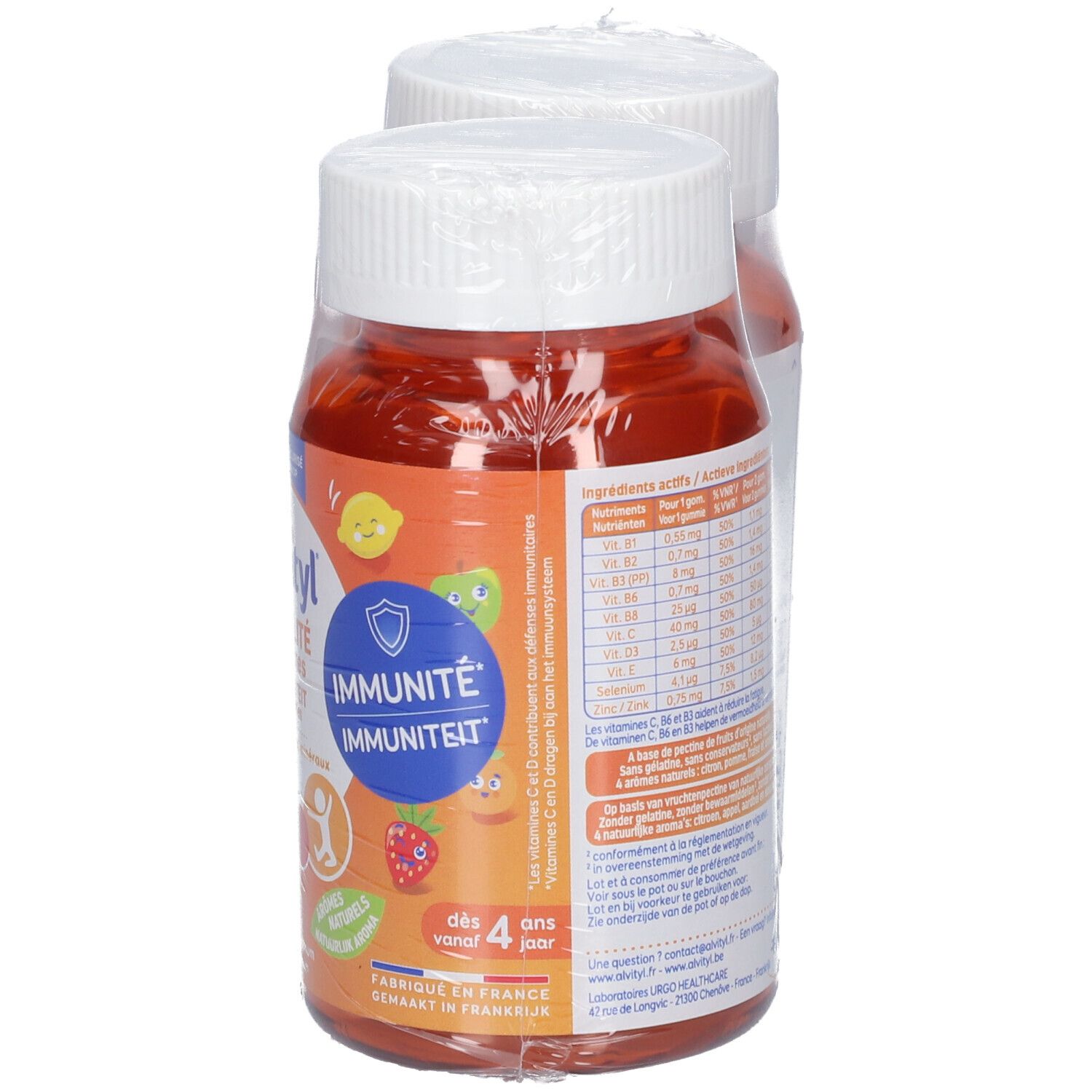 Twee flessen Alvityl Vitalité Gummies, verpakt. Achterkant met informatie.