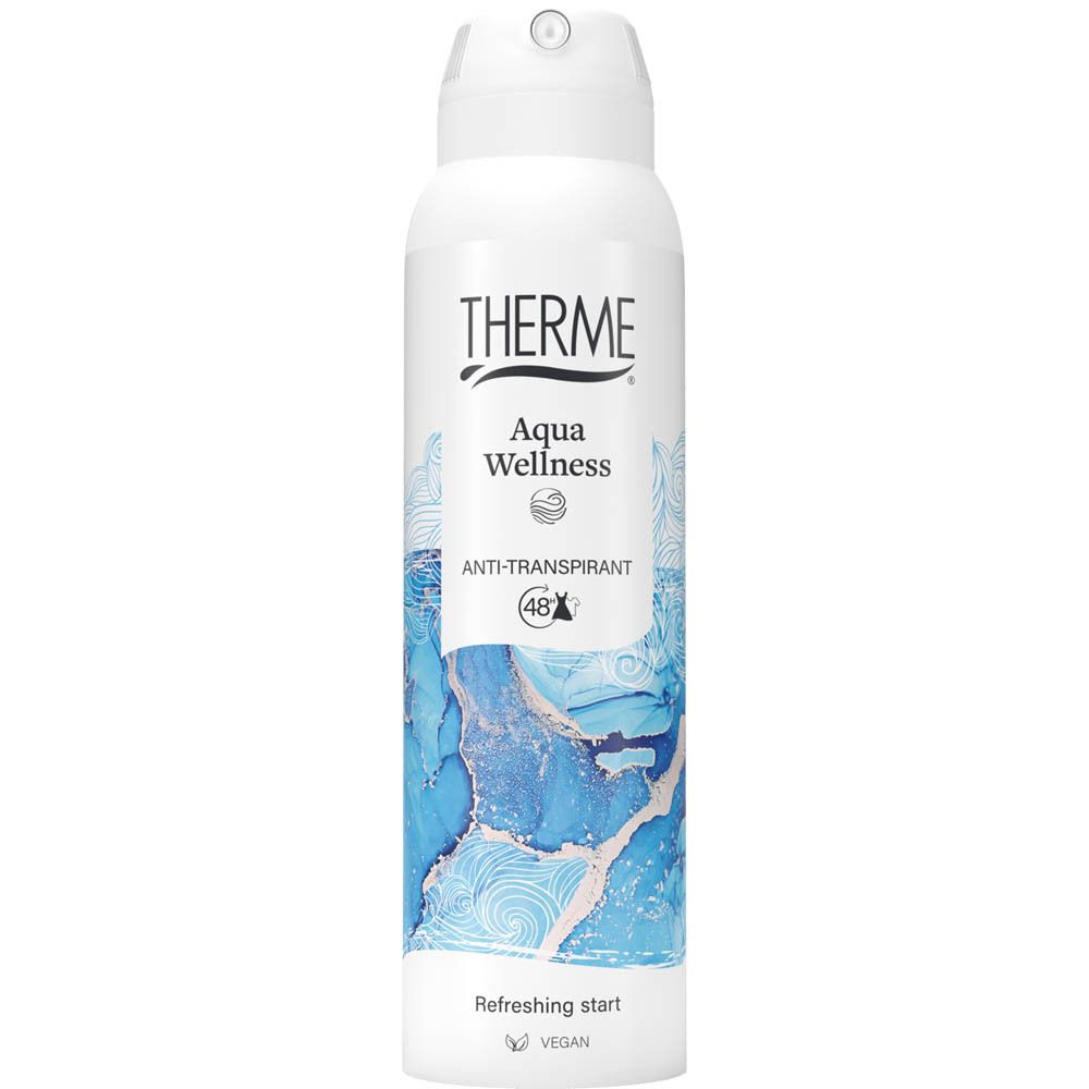 Witte deodorant spray met sproeikop. Opschrift THERME Aqua Wellness, 48H Anti-Transpirant. Blauw design.