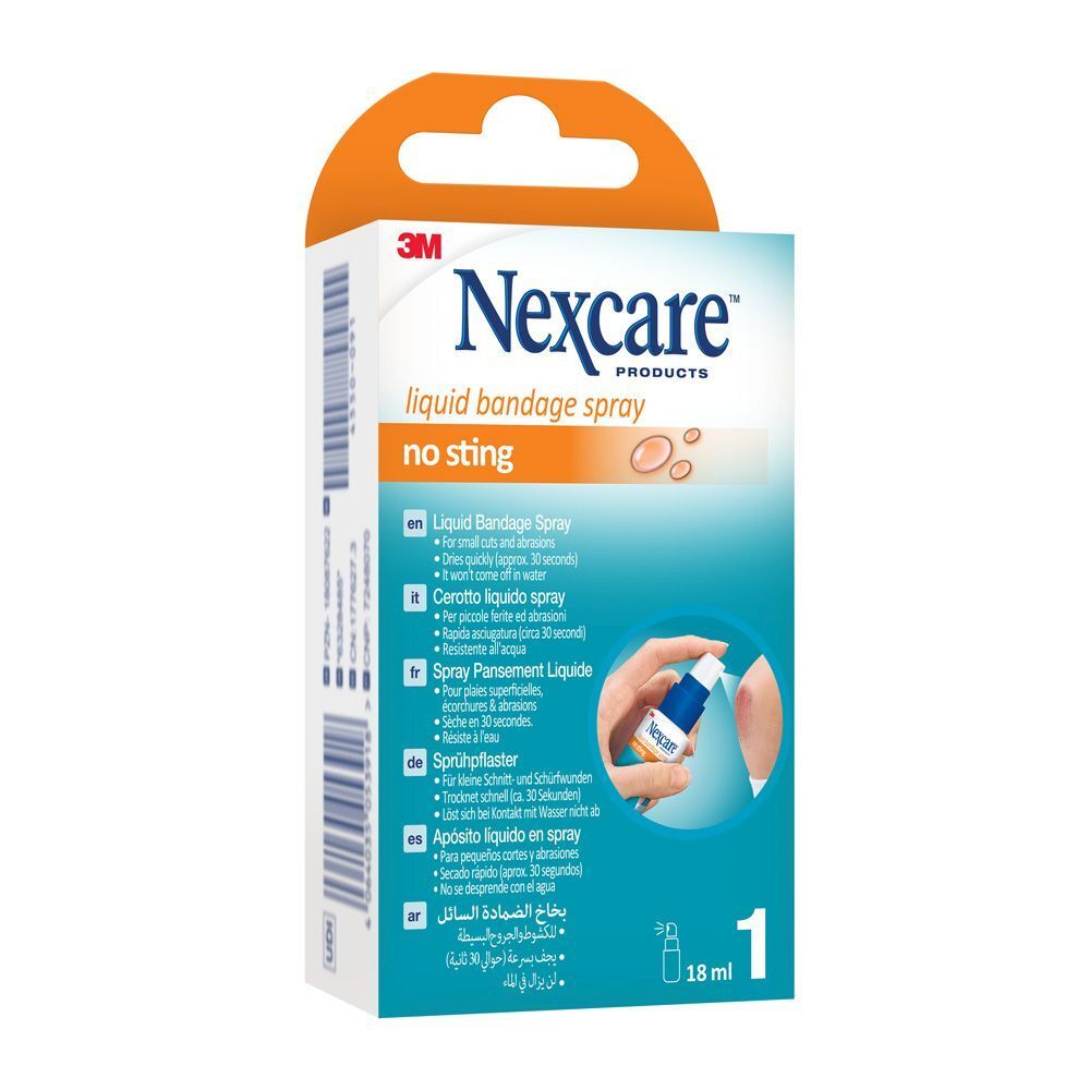 Verpakking van Nexcare Vloeibare Pleister Spray. Productnaam en logo duidelijk zichtbaar. Tekst in het Duits, Frans, Italiaans, Nederlands.