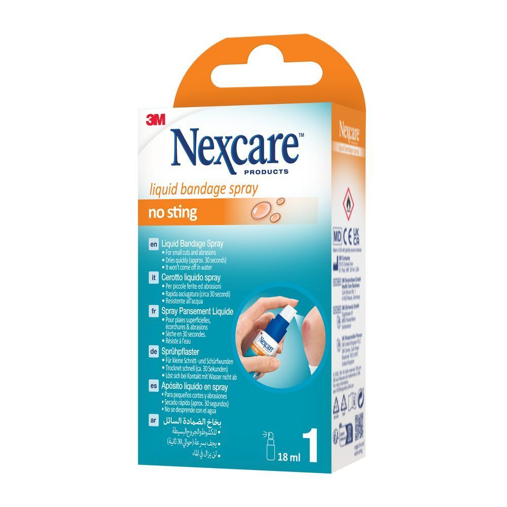 Verpakking van Nexcare Vloeibare Pleister Spray. Productnaam en logo duidelijk zichtbaar. Tekst in het Duits, Frans, Italiaans, Nederlands.