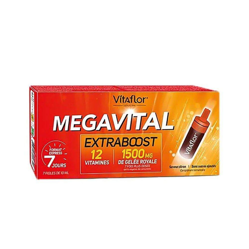 Boîte rouge Vitaflor Megavital. Contient 7 ampoules. Inscription: Extraboost, 12 vitamines, 1500mg gelée royale.